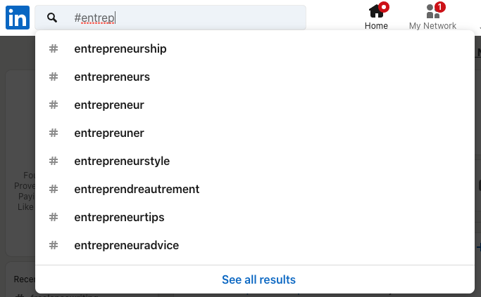 Entrepreneurship hashtag options on LinkedIn
