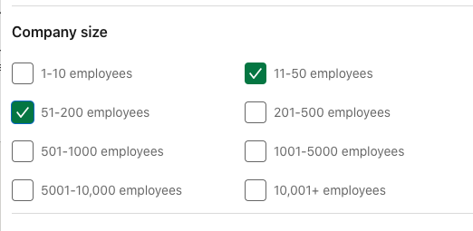 linkedin search results filtered by company size
